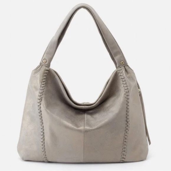 HOBO Alannis Gray w Gold Metallic Shimmer Leather Whipstitch Shoulder Bag Tote - Picture 1 of 16